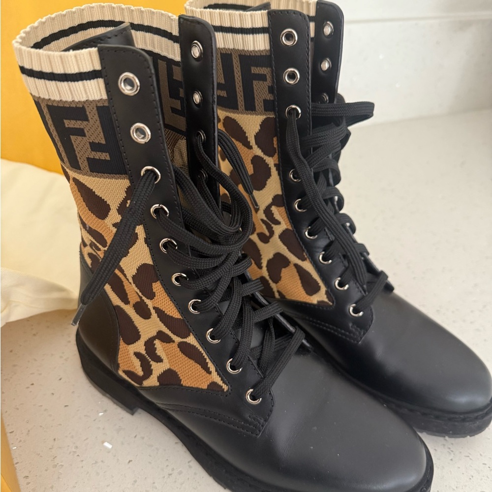 Fendi Zucca FF Logo Leather Combat Boots - Size 39